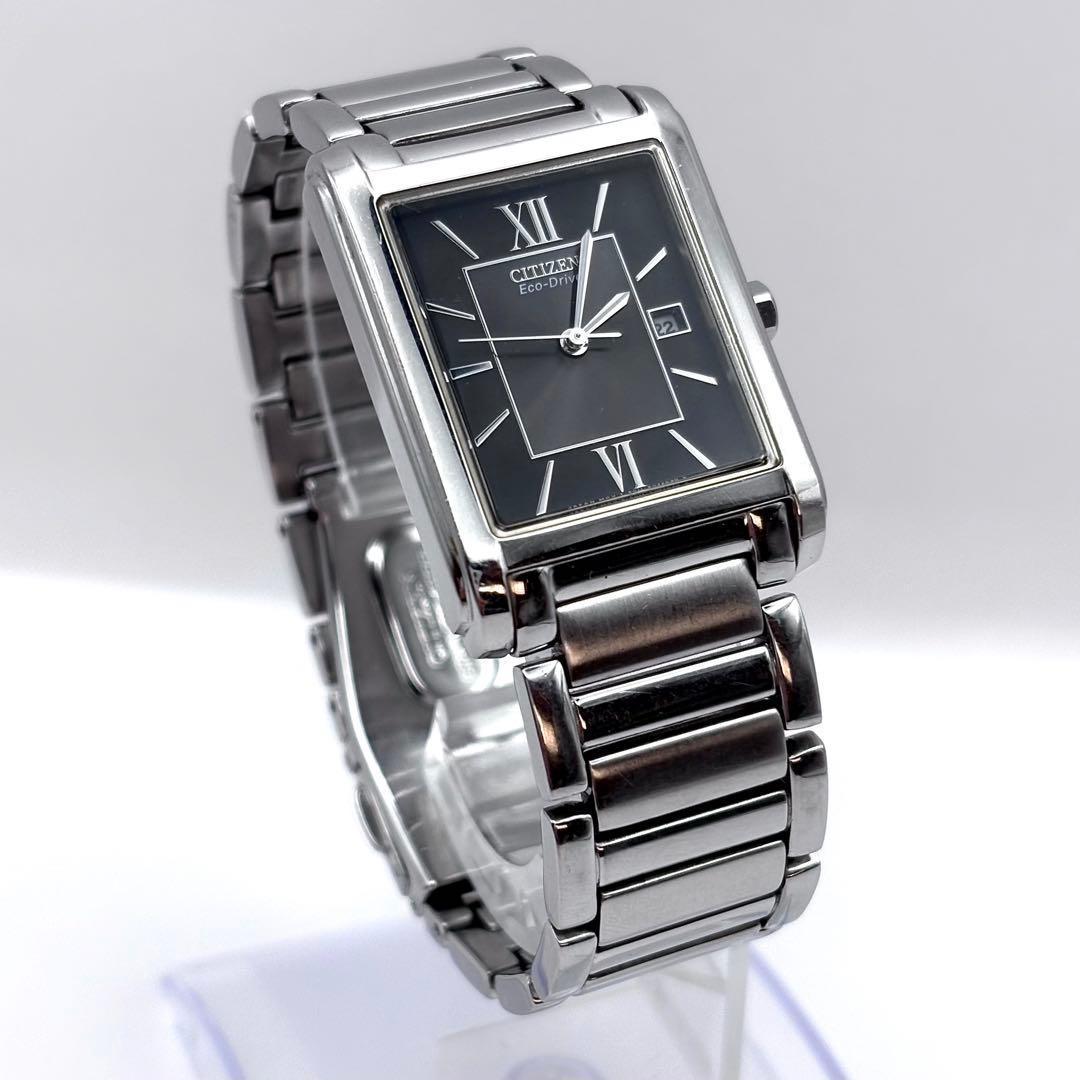 CITIZEN スクエア エコドライブ 黒文字盤 デイト メンズ 腕時計 稼働品