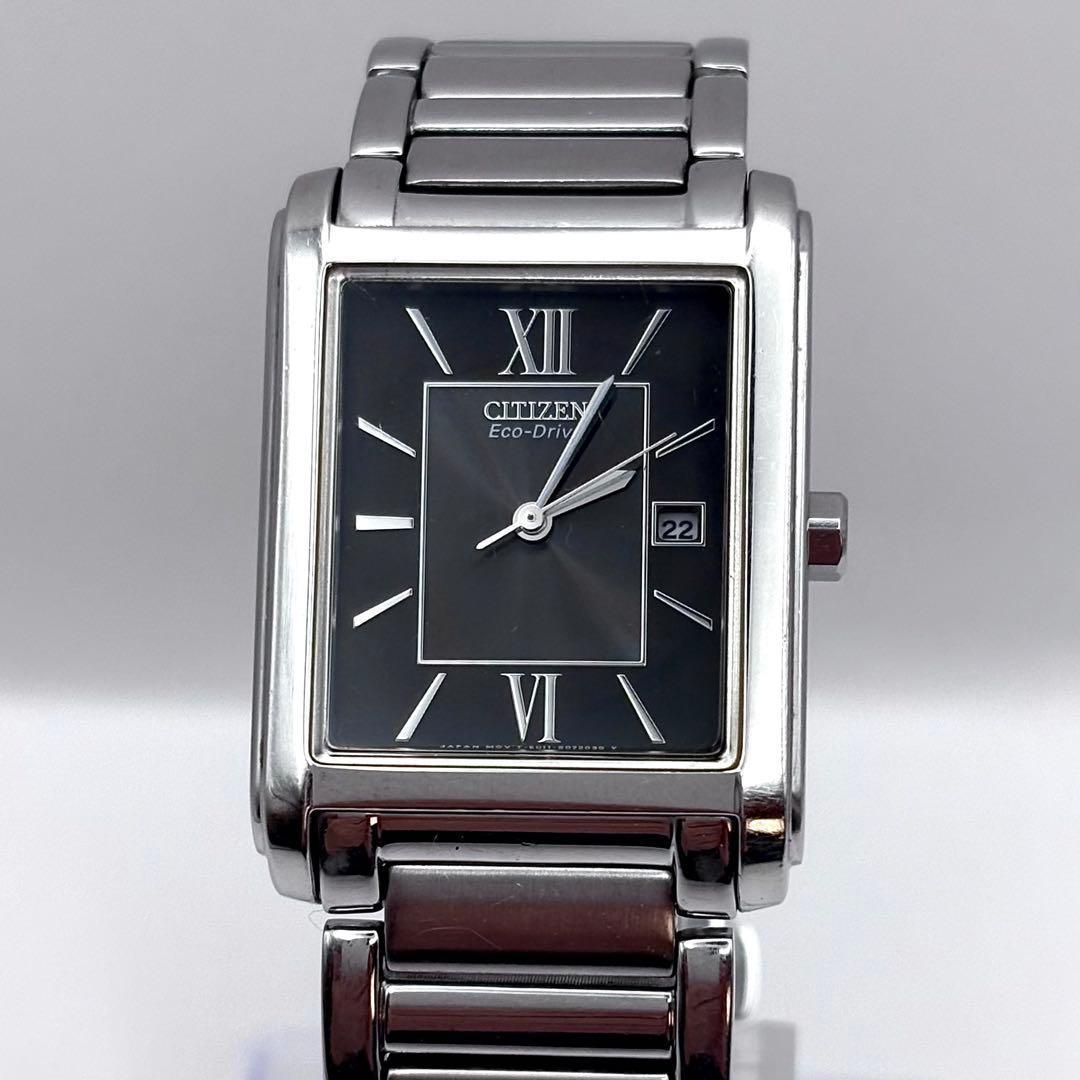 CITIZEN スクエア エコドライブ 黒文字盤 デイト メンズ 腕時計 稼働品