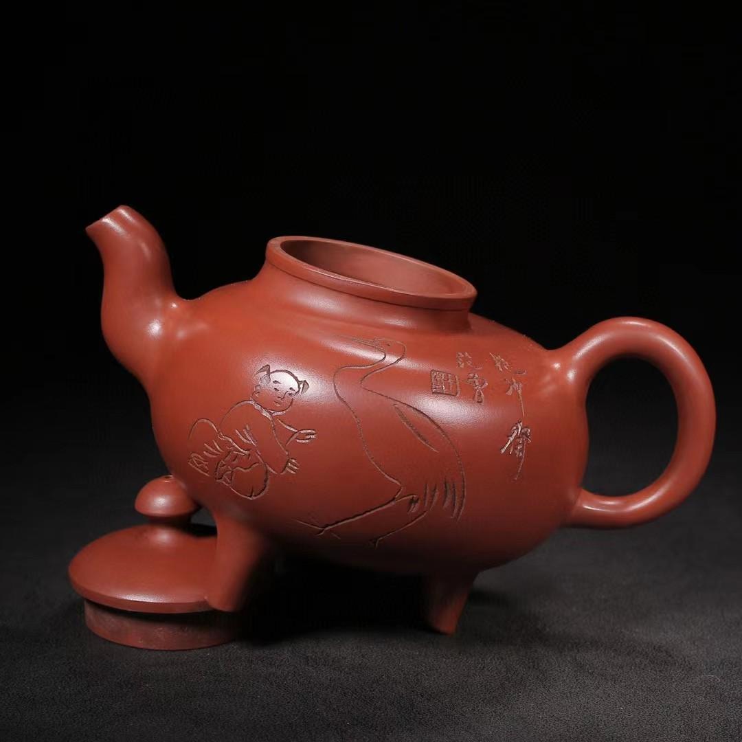 中国古美術・洪壽紫砂壺・原礦清水泥・顧景舟製壺紋・範曾(刻画)・紫泥急須・茶壺