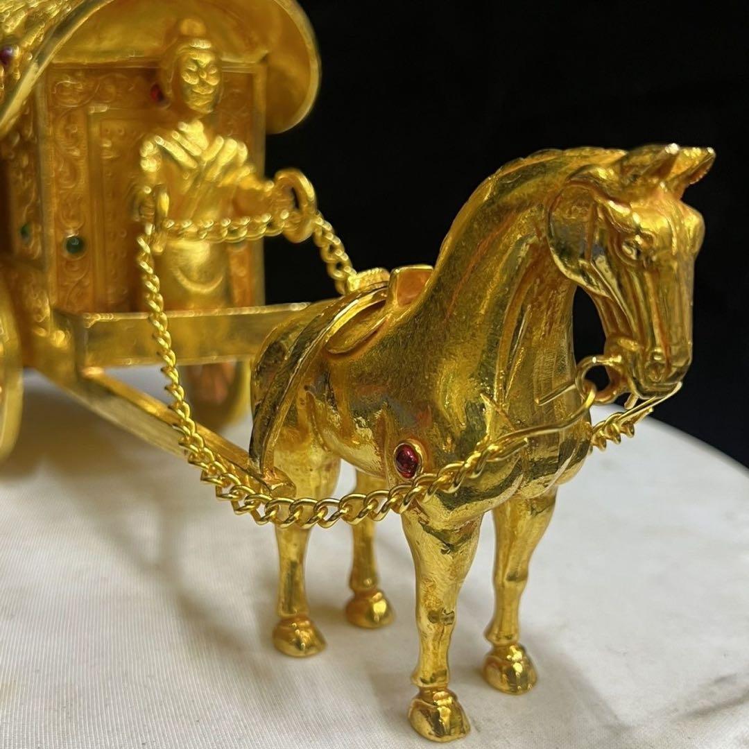 中国美術品　極細工　塗金宝石嵌黄金馬車　骨董　珍蔵品