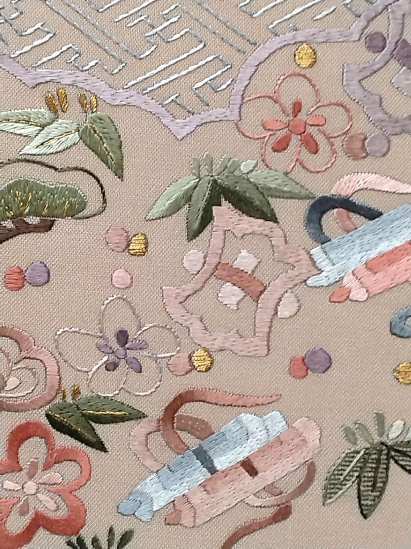 花柄刺繍 袋帯 ベージュ系