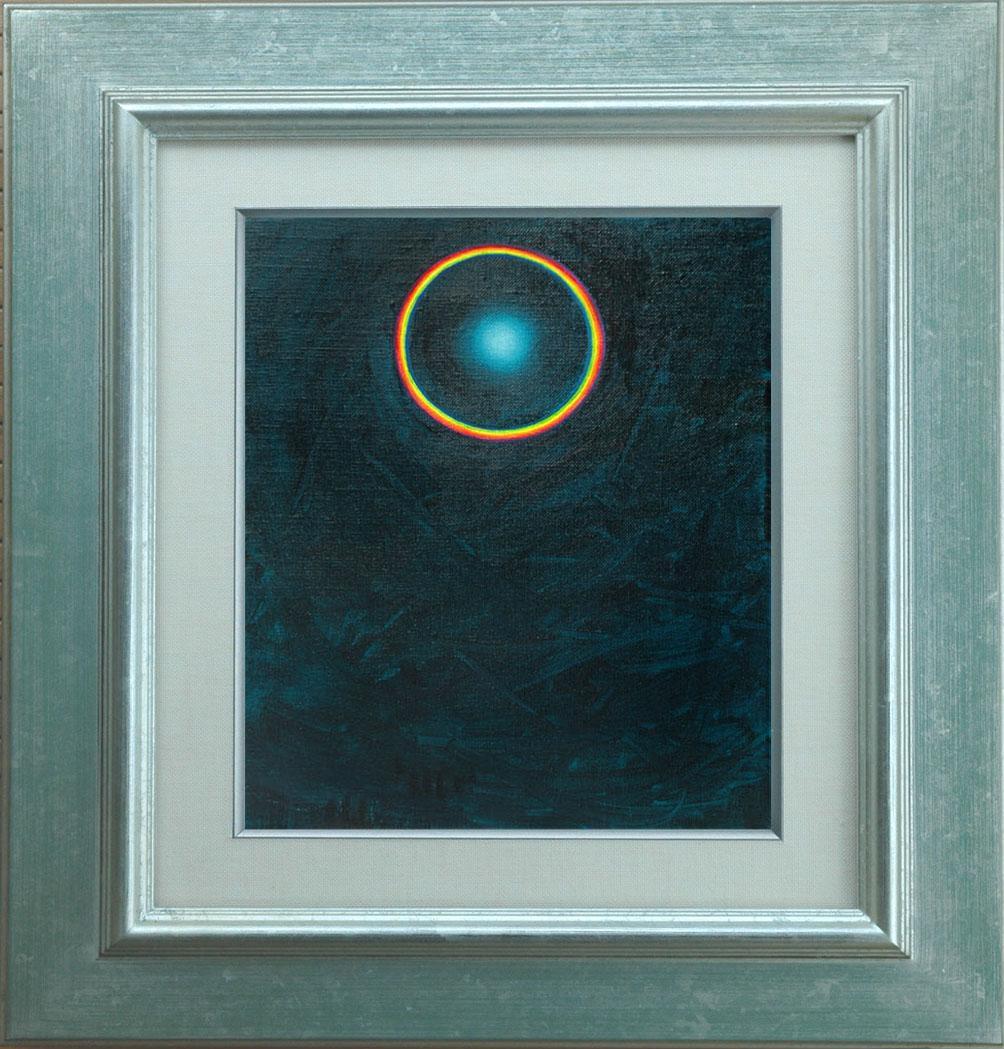 油絵 菅家令子 絵画インテリア額付(青緑＋金色の枠)F3-GB62023祈り希望