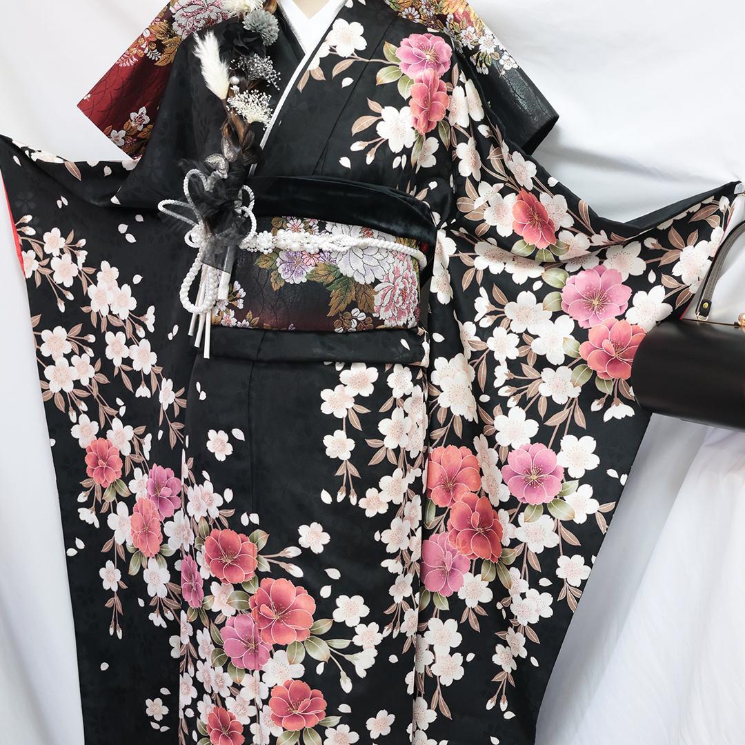 桜柄◆ 振袖セット 丈169.5cm◆フルセット黒ベース帯小物付成人式 28Bs