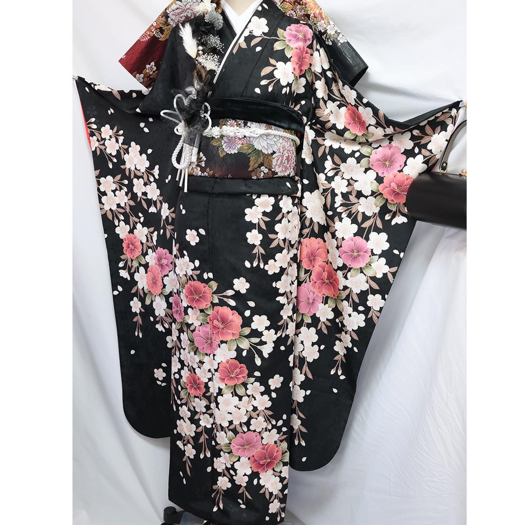 桜柄◆ 振袖セット 丈169.5cm◆フルセット黒ベース帯小物付成人式 28Bs
