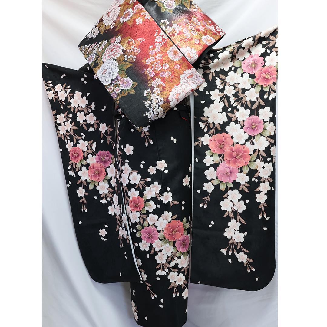 桜柄◆ 振袖セット 丈169.5cm◆フルセット黒ベース帯小物付成人式 28Bs
