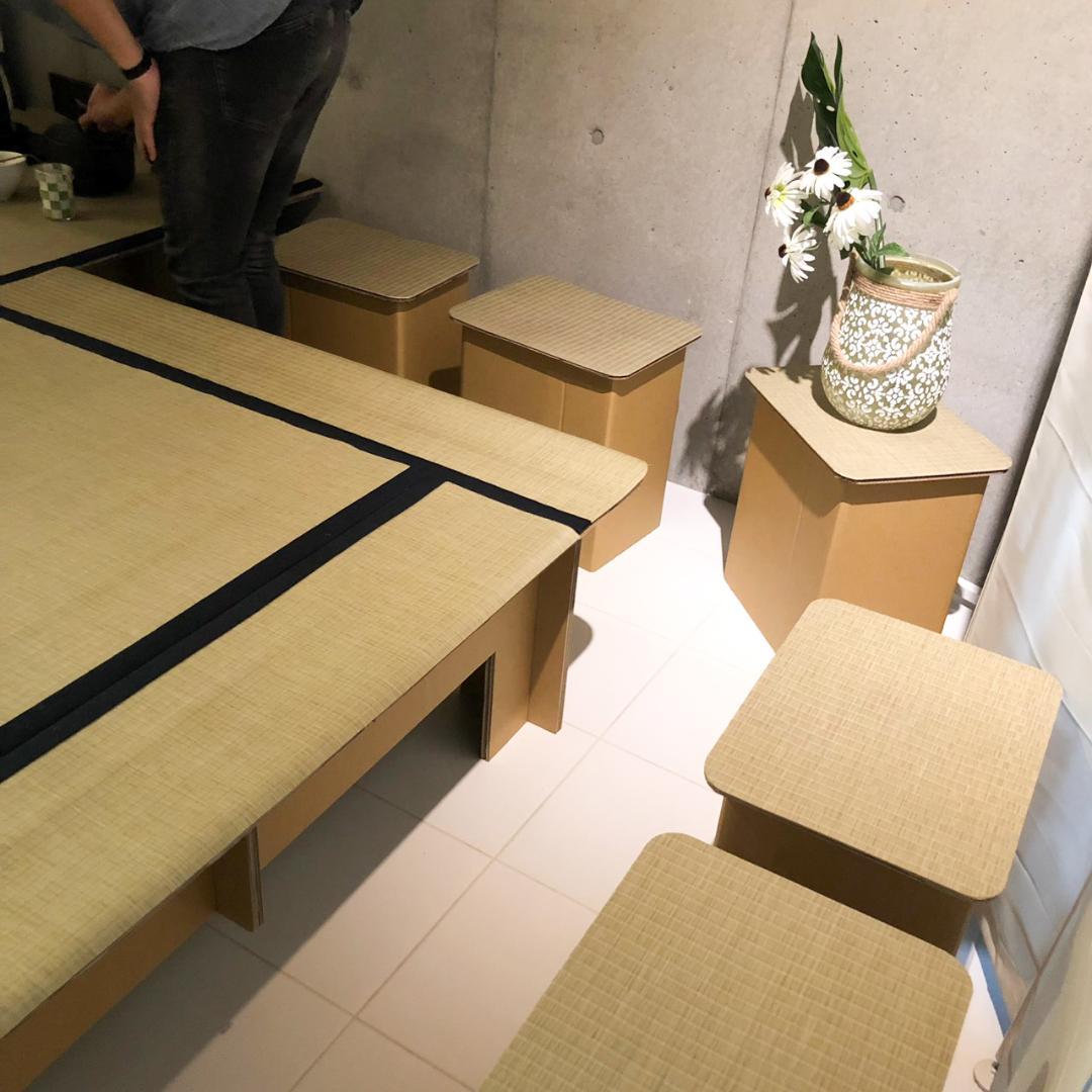 組み立て式 立礼棚（有圓卓）段ボールタイプ　炉/風炉畳2種付属、茶会イベント等に