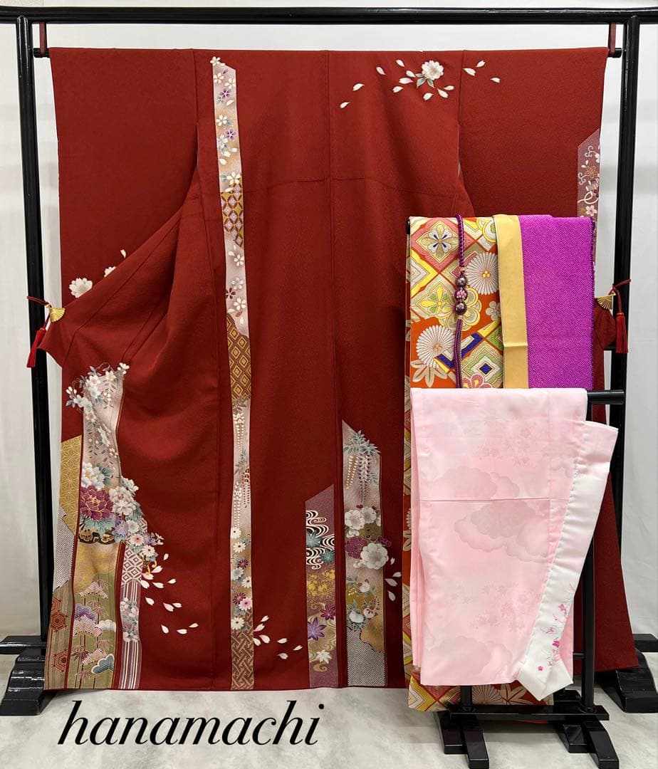 振り袖　フルセット　長襦袢　金彩加工　刺繍入り　成人式　全通長尺袋帯　608