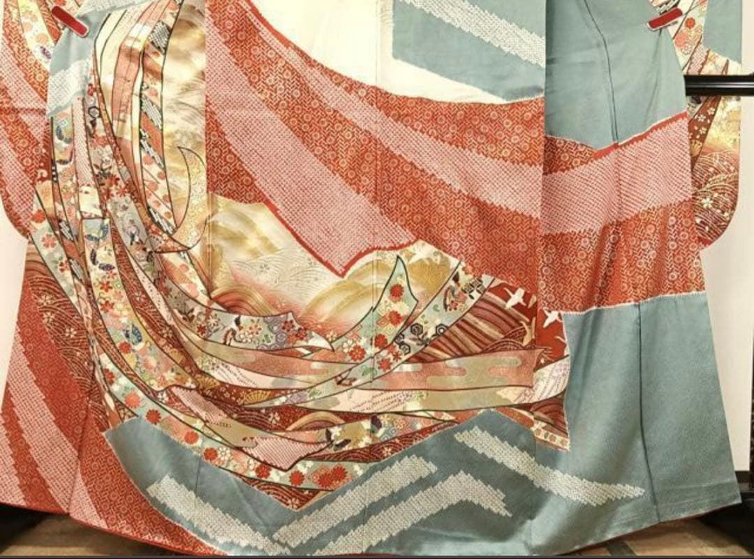 振袖 フルセット6点サイズM〜Ｌ絞り　熨斗吉祥花鳥蝶文　金銀彩　正絹