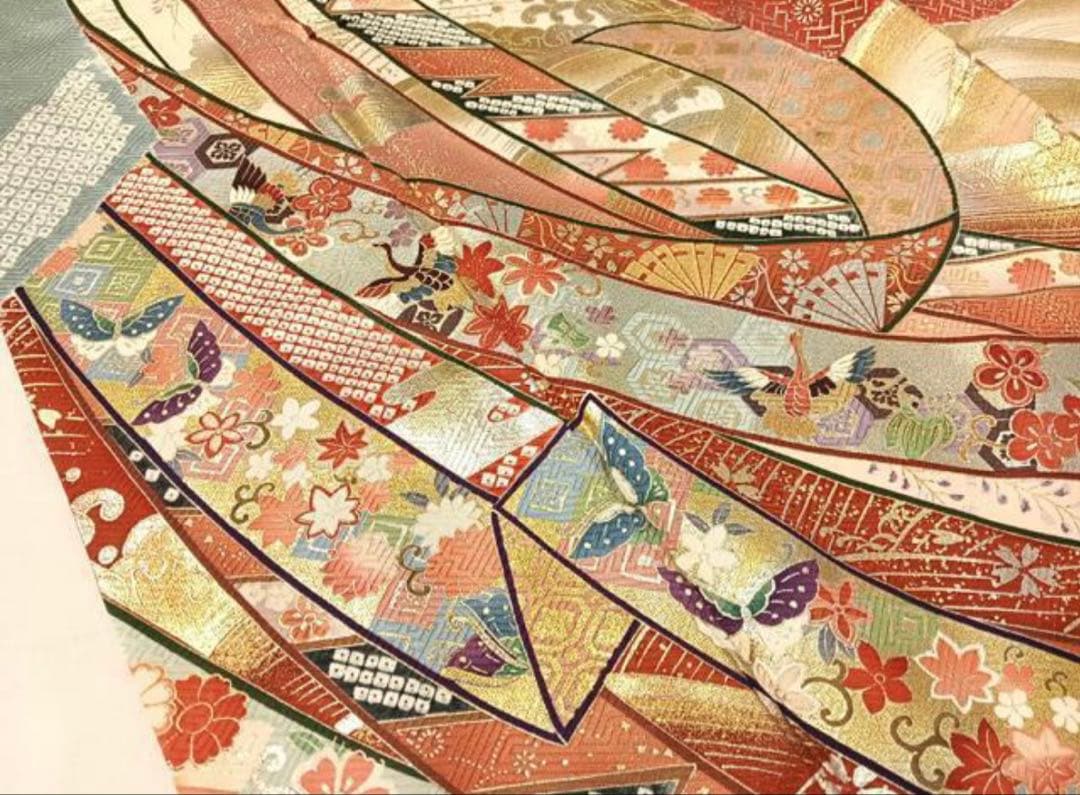 振袖 フルセット6点サイズM〜Ｌ絞り　熨斗吉祥花鳥蝶文　金銀彩　正絹