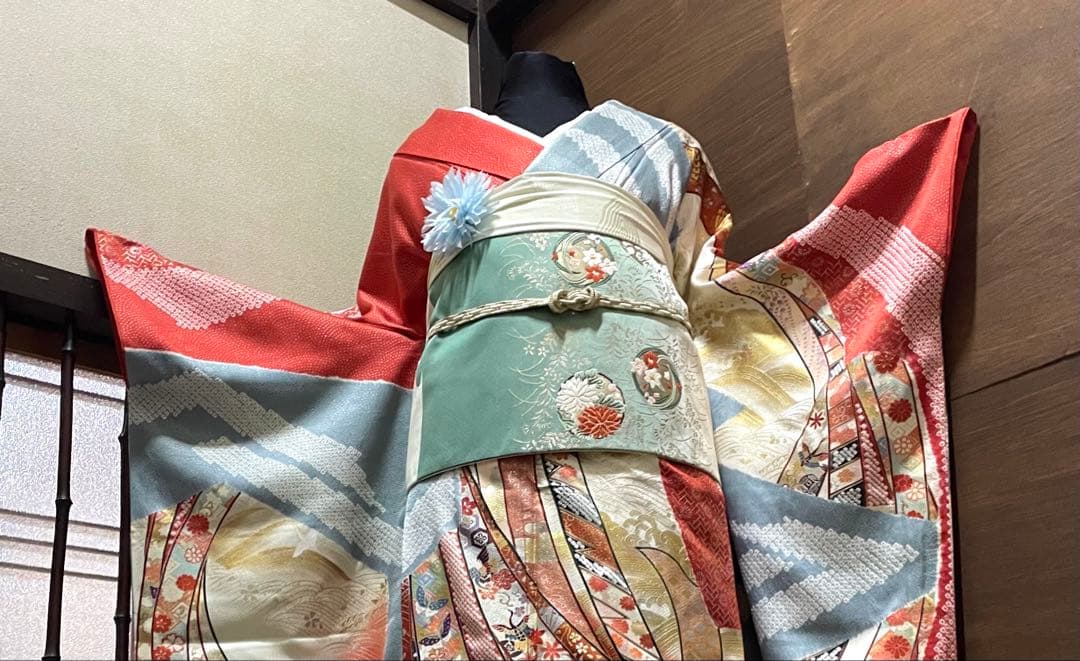 振袖 フルセット6点サイズM〜Ｌ絞り　熨斗吉祥花鳥蝶文　金銀彩　正絹