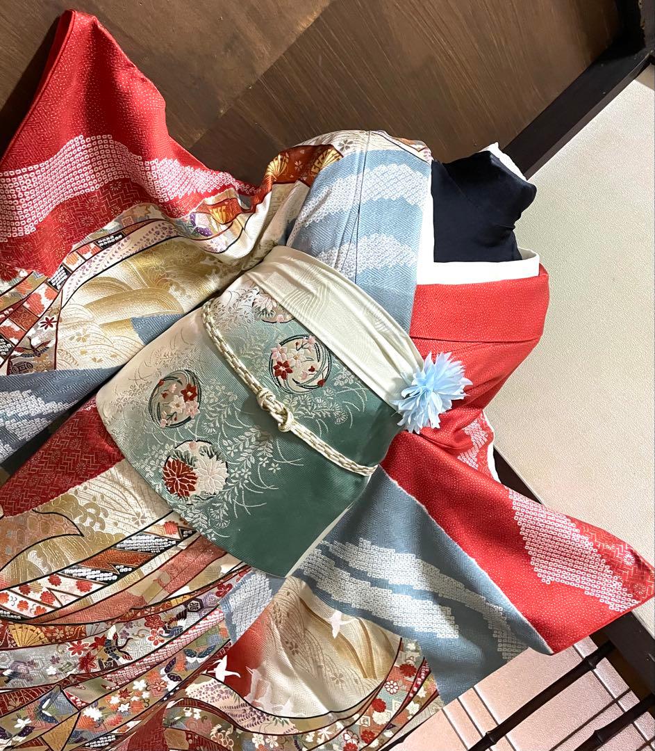 振袖 フルセット6点サイズM〜Ｌ絞り　熨斗吉祥花鳥蝶文　金銀彩　正絹