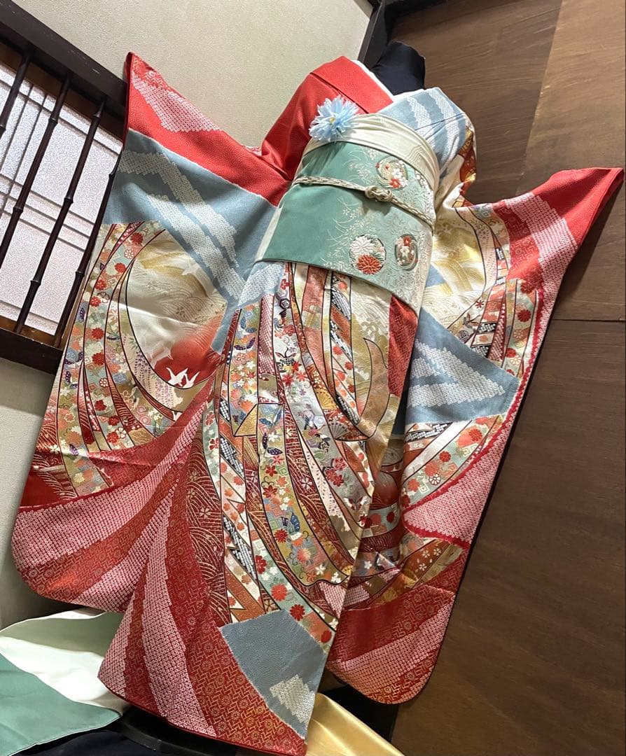 振袖 フルセット6点サイズM〜Ｌ絞り　熨斗吉祥花鳥蝶文　金銀彩　正絹