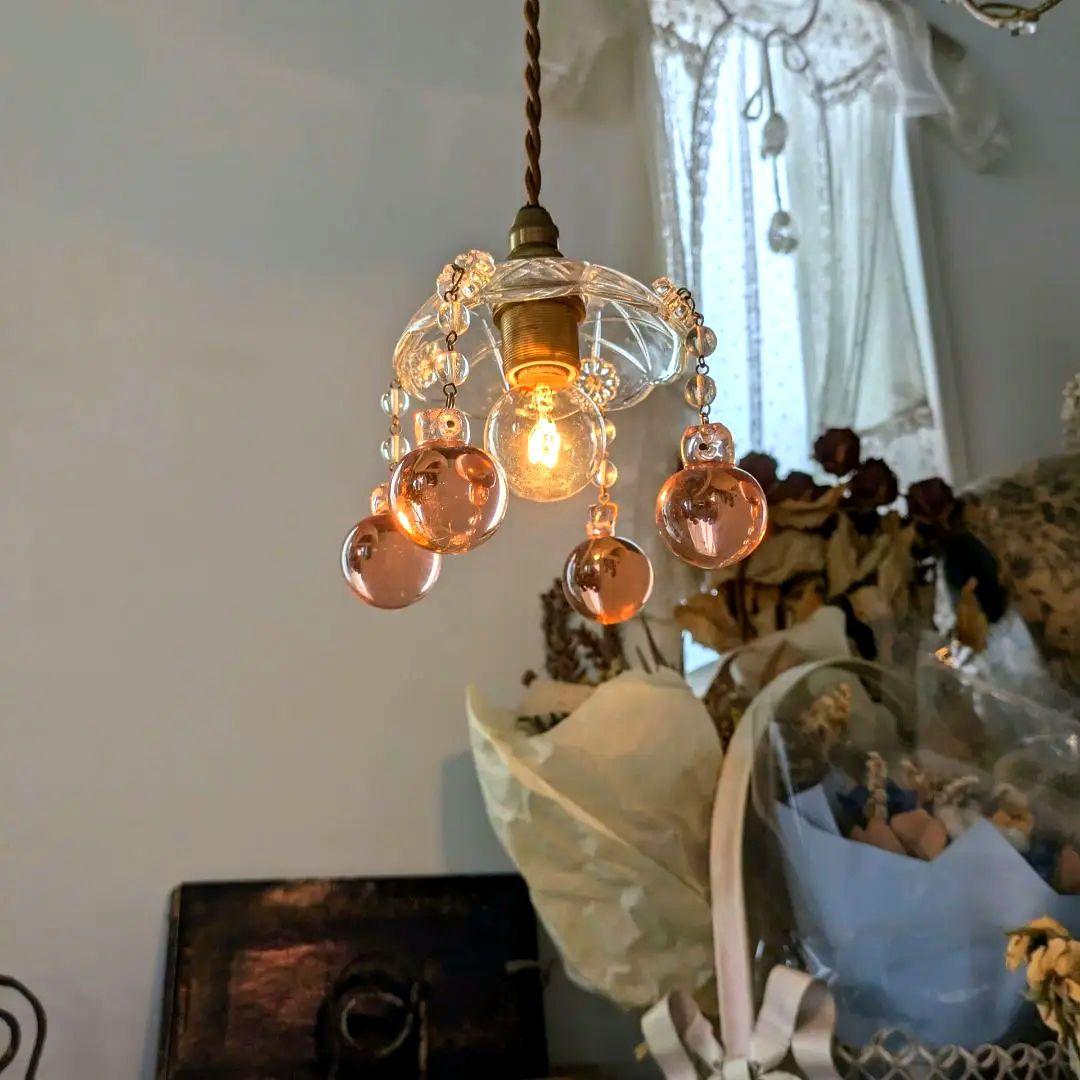 フランスアンティーク ピンク大粒ガラスドロップ ミニシャンデリアシェード
