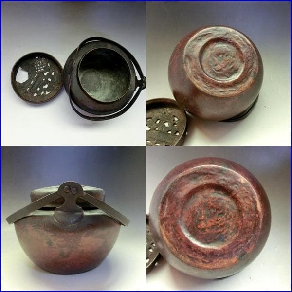 手炉■手焙り 松 門紋 透かし 古い茶道古民具古銅器 手火鉢 手あぶり 火器