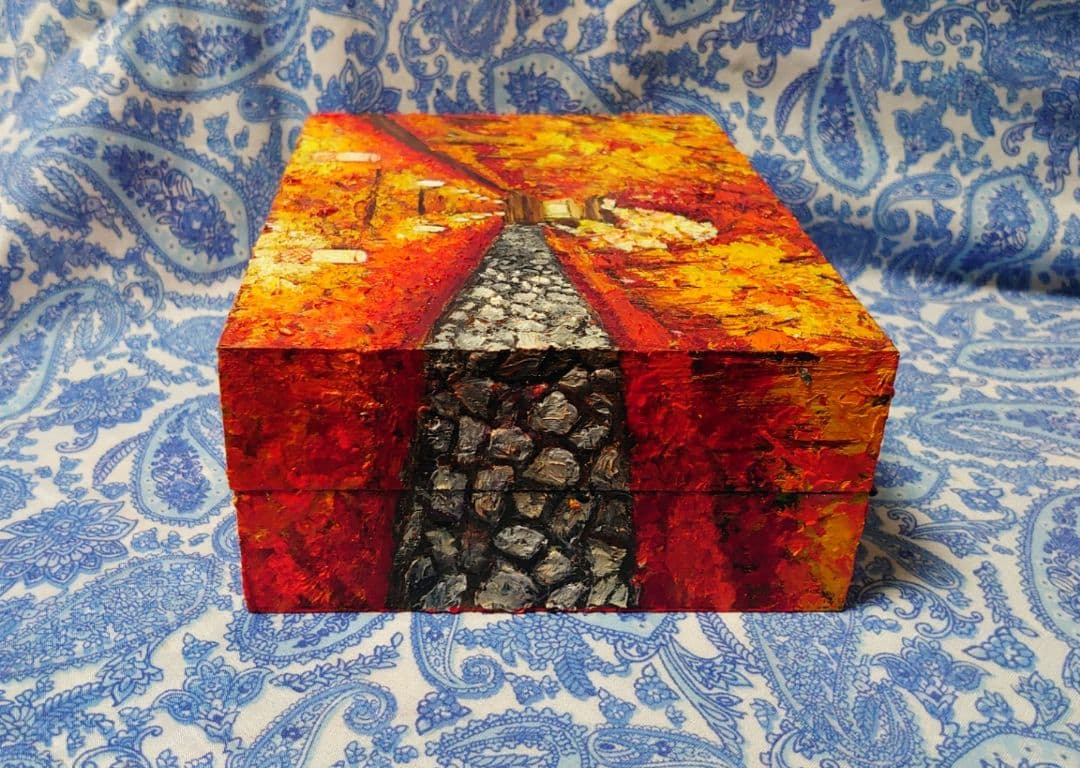 北欧風 油絵 絵画「紅葉ボックス」モダンアート 玄関やリビングに映える 秋の風景