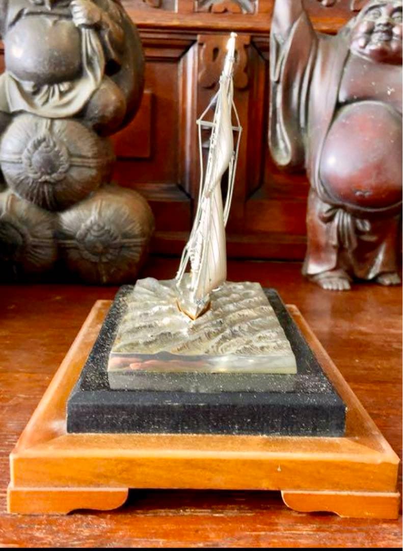 美品★銀細工 関武比古 銀製 帆船 ヨット 置物 飾物 ガラスケース