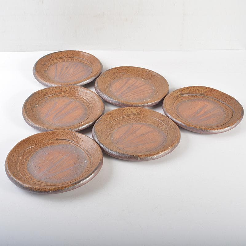 和食器　備前焼　稲荷作　たたき　丸皿　六客　共箱　M　R7178