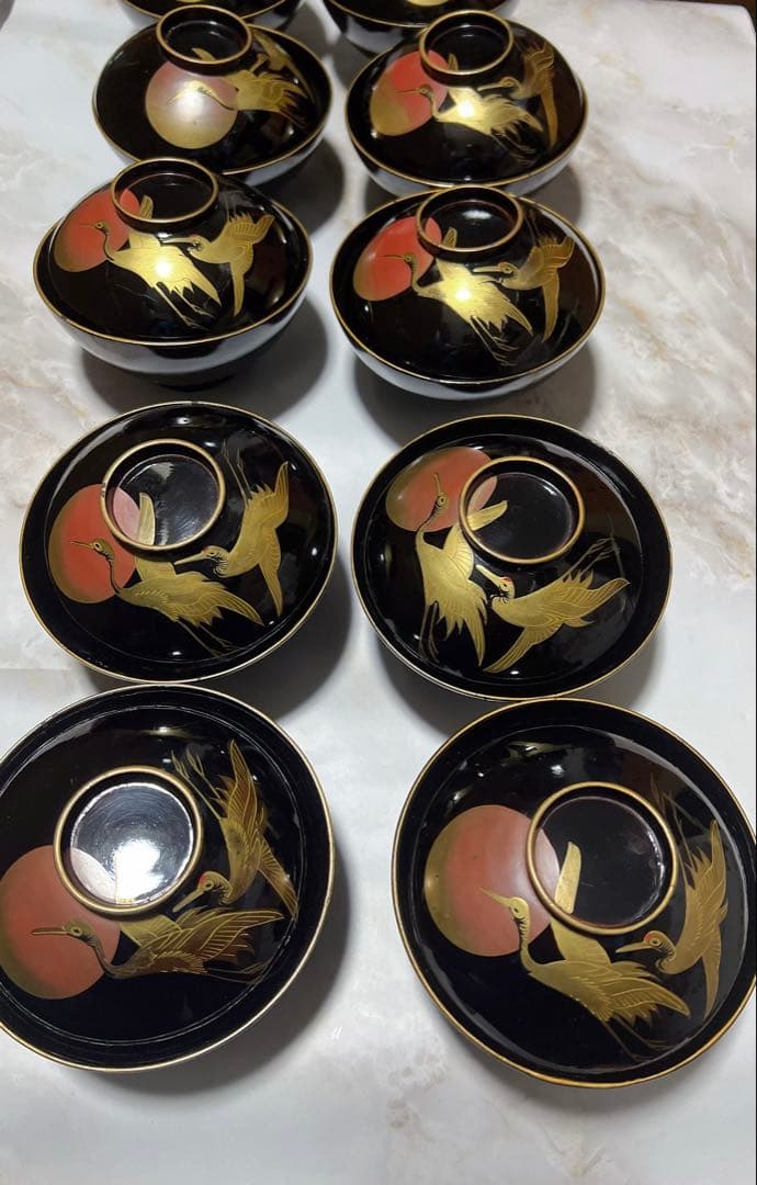 アンティーク　明治時代 鶴　金蒔絵　細工 漆器 吸物　吸物椀 蒔絵　希少　10客