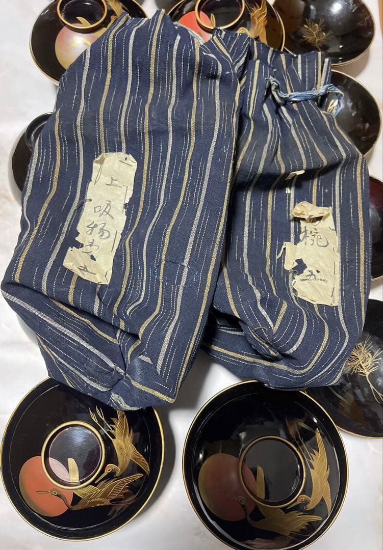 アンティーク　明治時代 鶴　金蒔絵　細工 漆器 吸物　吸物椀 蒔絵　希少　10客