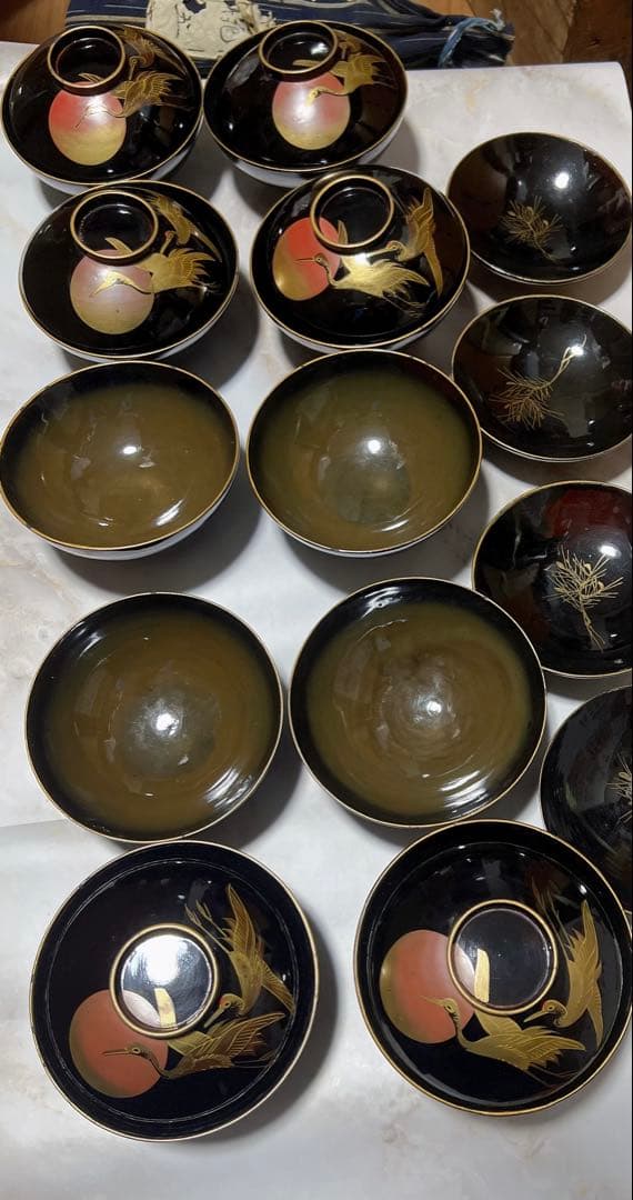 アンティーク　明治時代 鶴　金蒔絵　細工 漆器 吸物　吸物椀 蒔絵　希少　10客