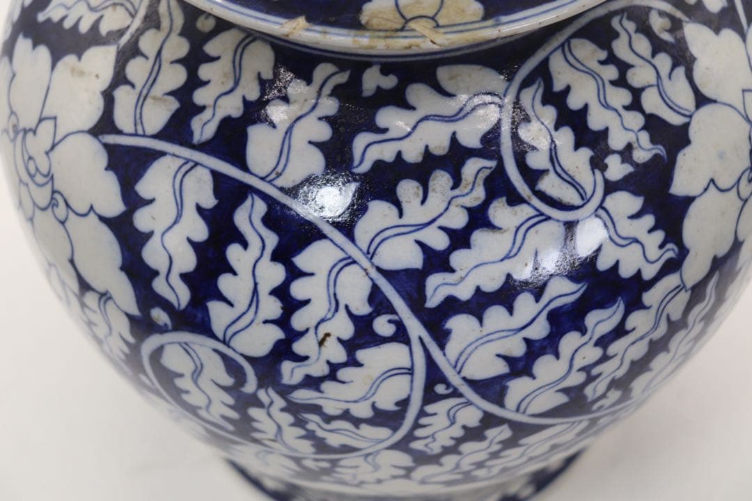 中国　清時代　染付　蓋付大壺　送料込み250221