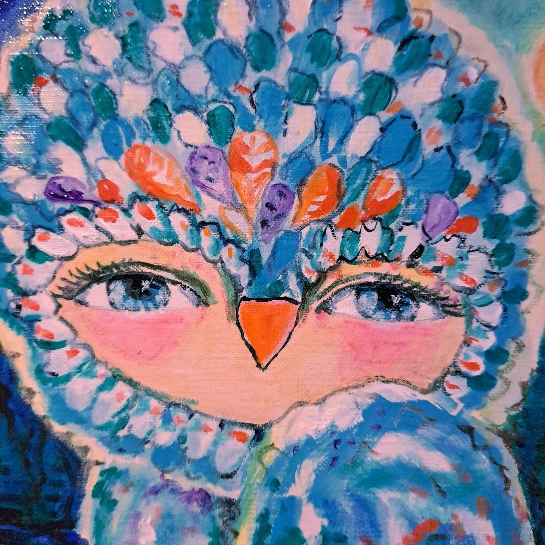 キャンバス油絵　専用　世界のカラフルなふくろう　とっても明るい月夜