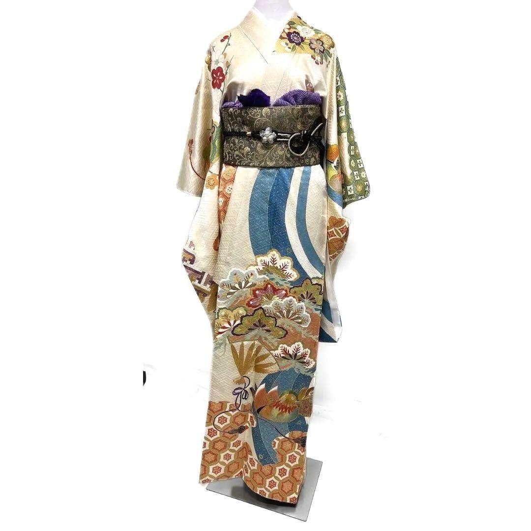 大彦謹製 セミアンティーク 金駒刺繍　刺繍　鴛鴦　振袖　着物 013a p