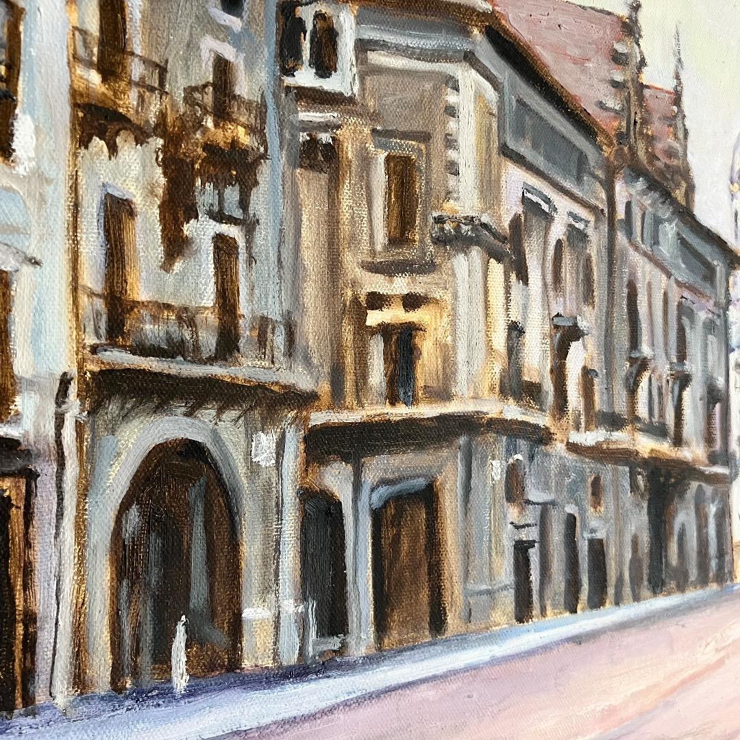 ヨーロッパの街角-F10 油彩 キャンバス 額装　作者不明・希少