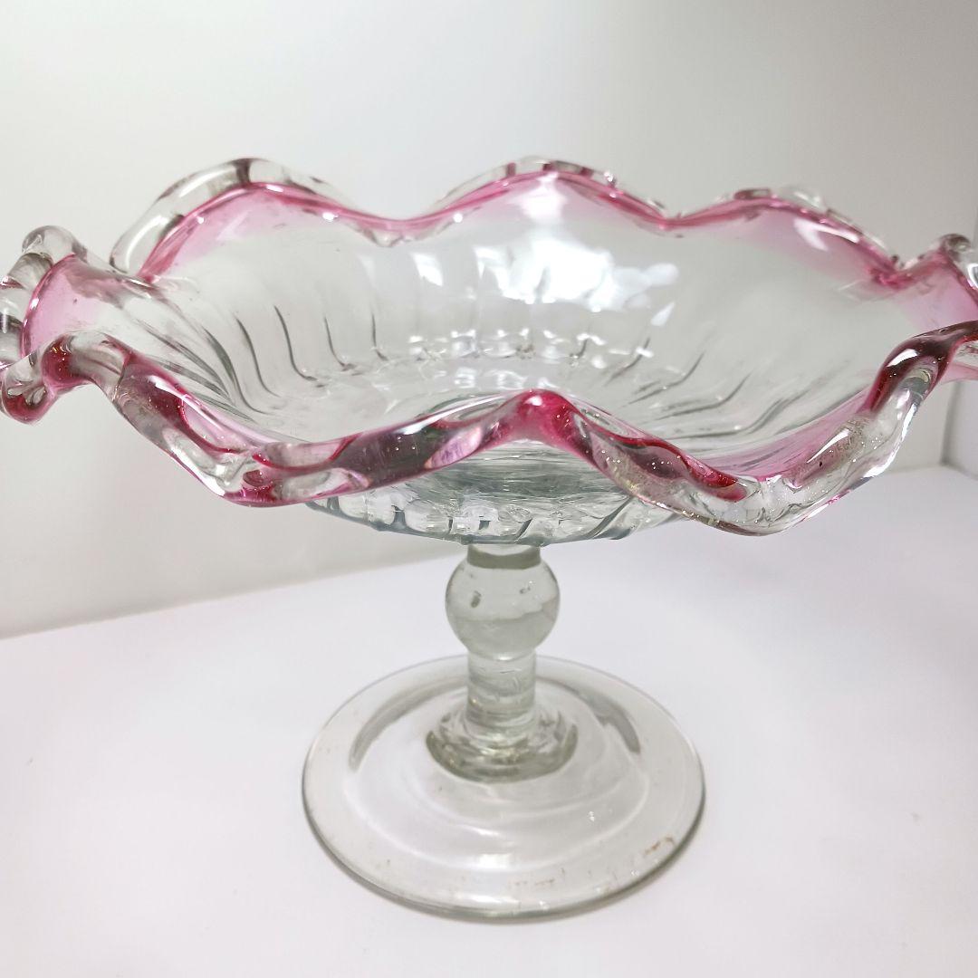 Y2680-1 時代レトロ 赤縁ガラス 大型コンポート 皿 サイン入り #6