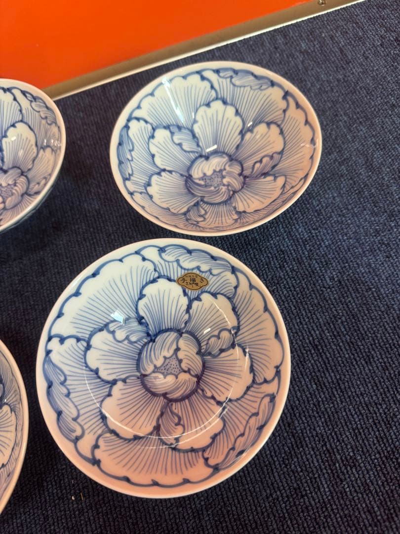 1968 三川内焼　嘉久正窯　手描き　牡丹　輪花小鉢　5客　未使用