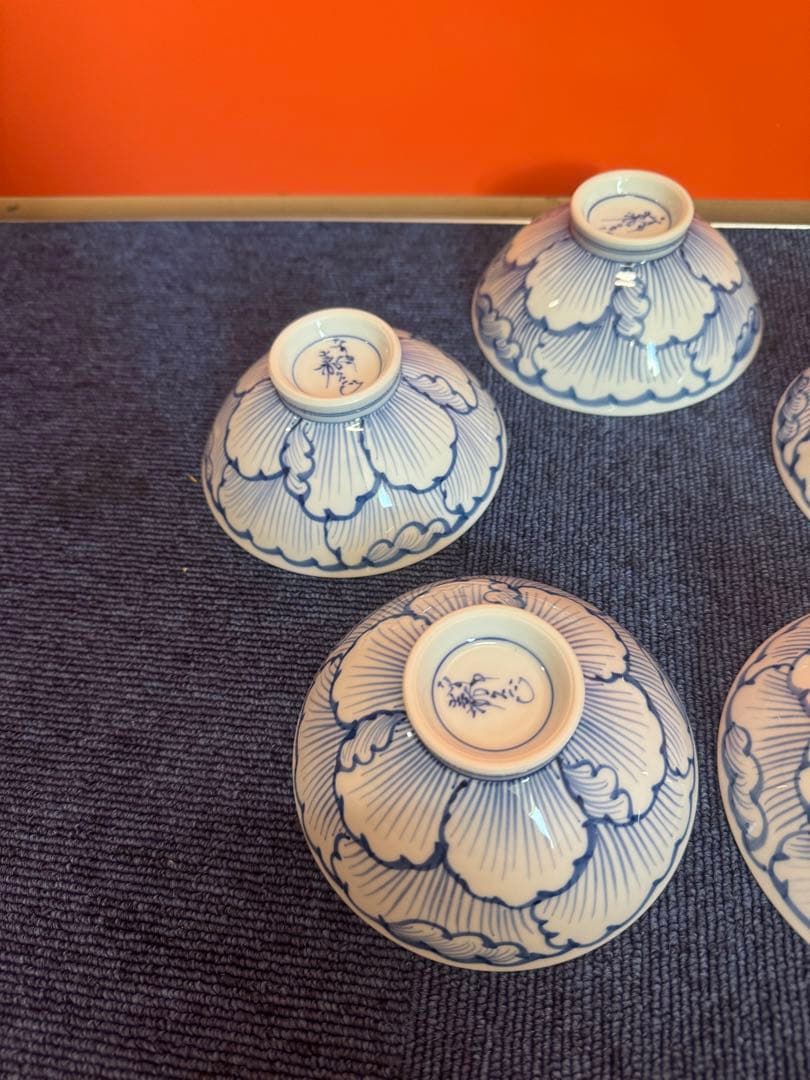 1968 三川内焼　嘉久正窯　手描き　牡丹　輪花小鉢　5客　未使用