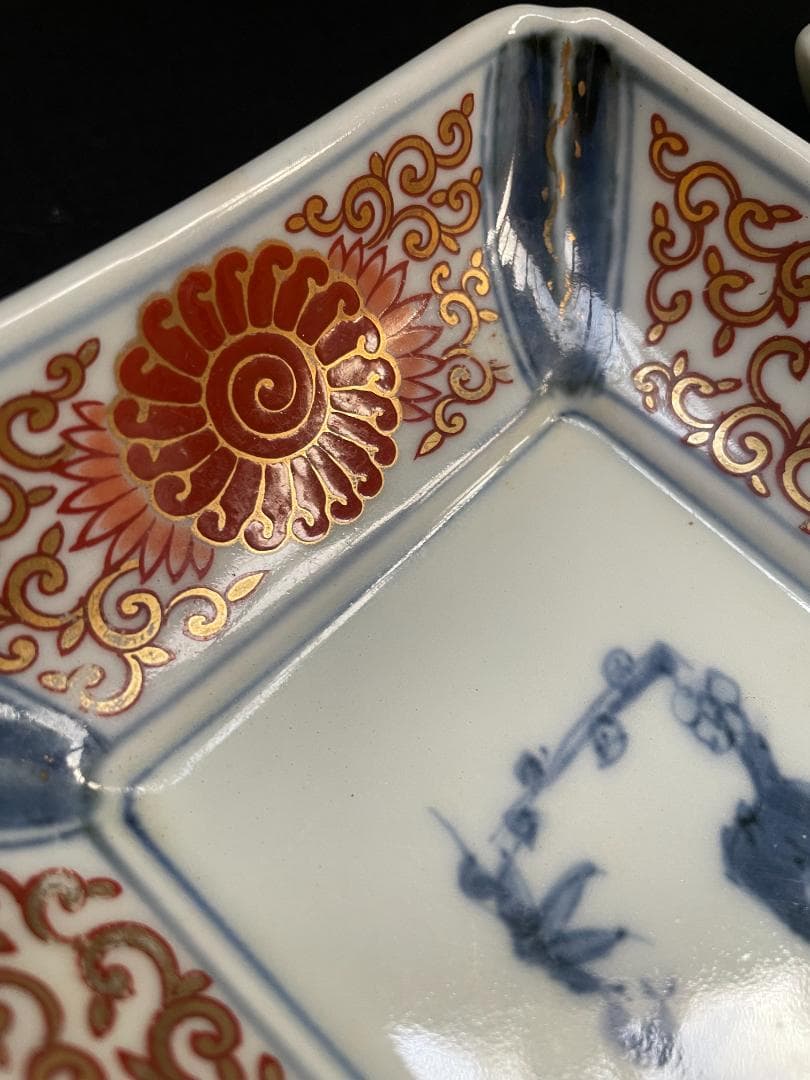テ*モ様 江戸期 富貴長春 古伊万里 染付 金彩 色絵 骨董 長皿 蛸唐草紋 美