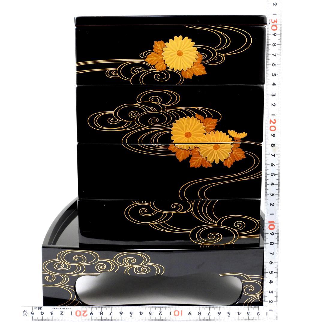 【まり】清光堂造 能登輪島塗 花筏蒔絵 四段重箱 台付 共箱