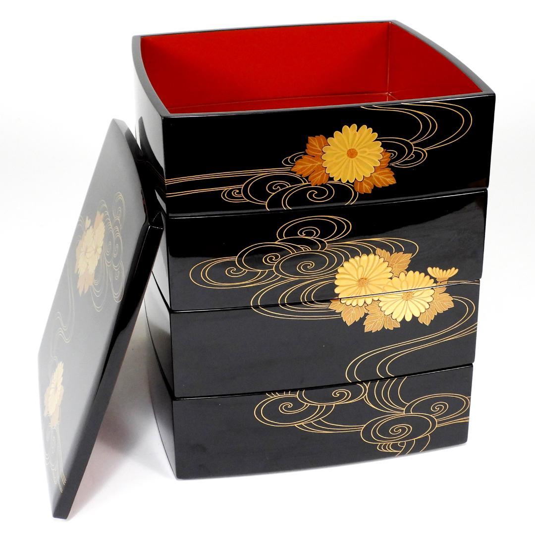 【まり】清光堂造 能登輪島塗 花筏蒔絵 四段重箱 台付 共箱