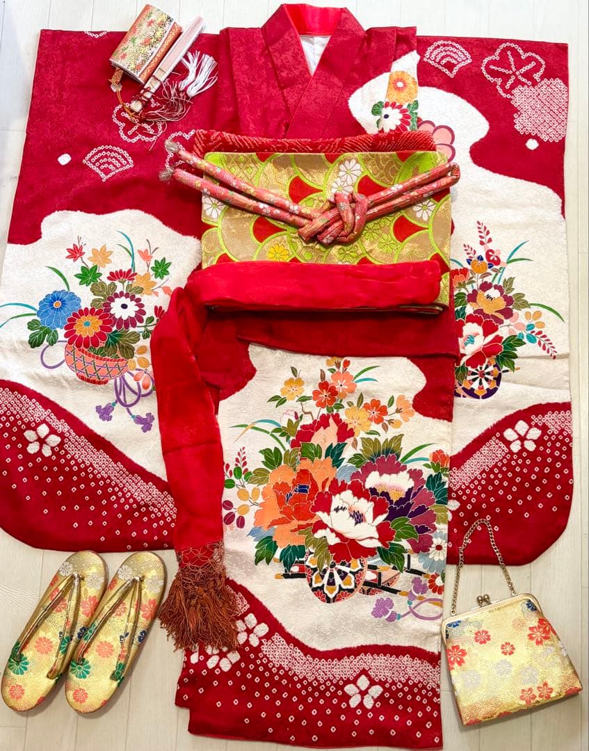 七五三　7歳　正絹　絞り　着物　フルセット　赤