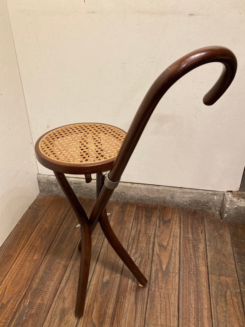 希少 秋田木工 折り畳み ステッキチェア 曲木椅子 籐張 ヴィンテージ 古道具