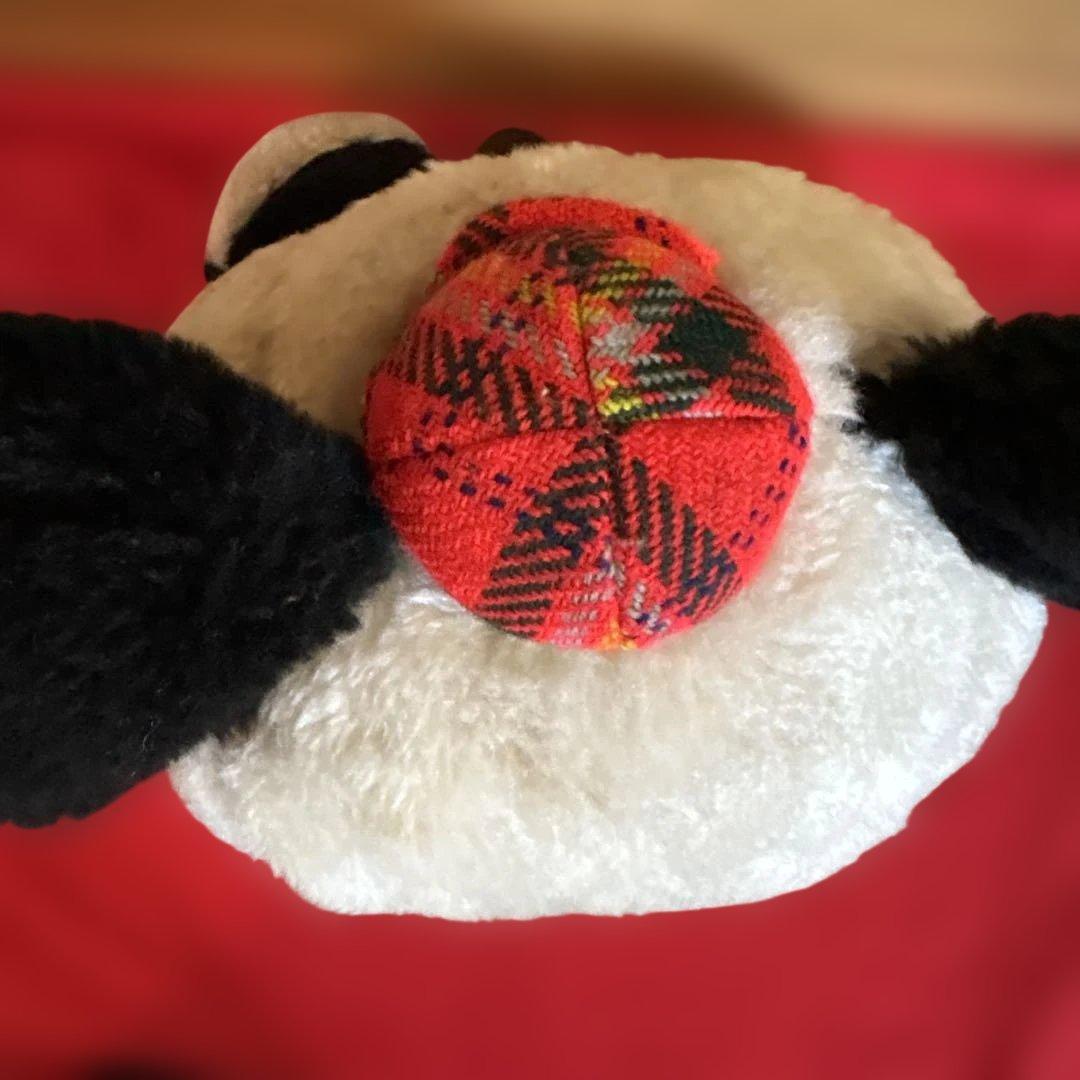 昭和レトロ　パンダぬいぐるみ 赤チェックオーバーオール