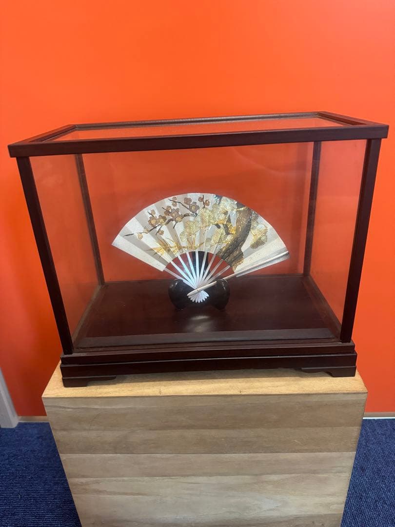 1643   純銀 光則作 ★ 松竹梅 扇 ガラスケース入り 置物 飾物 飾り物