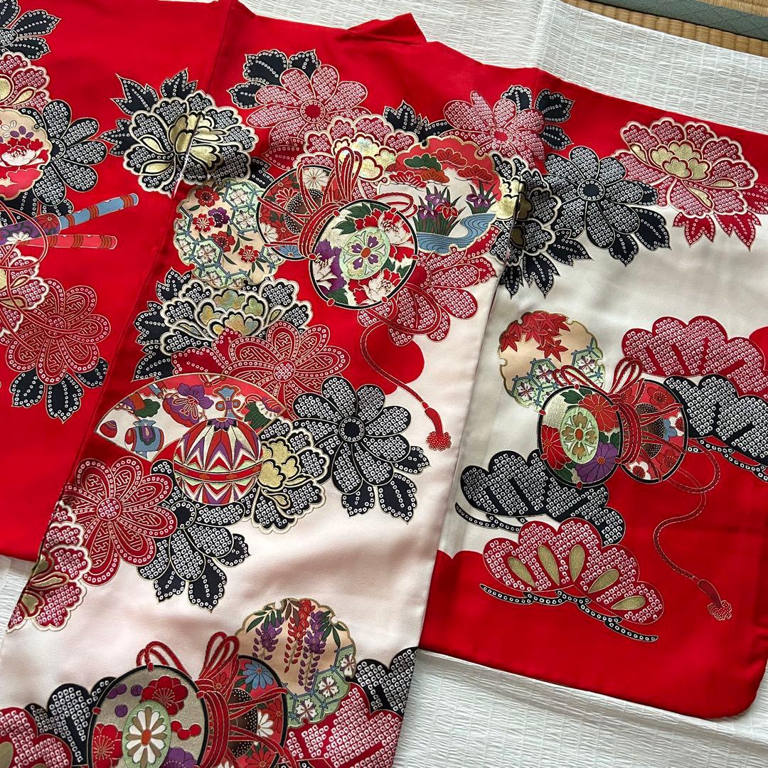 七五三 3歳 着物 753 絹 絞り柄 被布 三歳 赤 草履 金彩 女の子着物