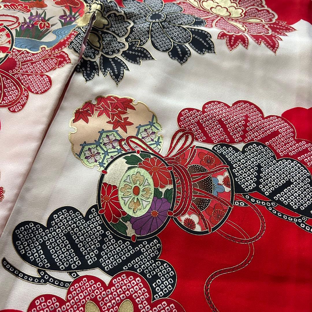 七五三 3歳 着物 753 絹 絞り柄 被布 三歳 赤 草履 金彩 女の子着物