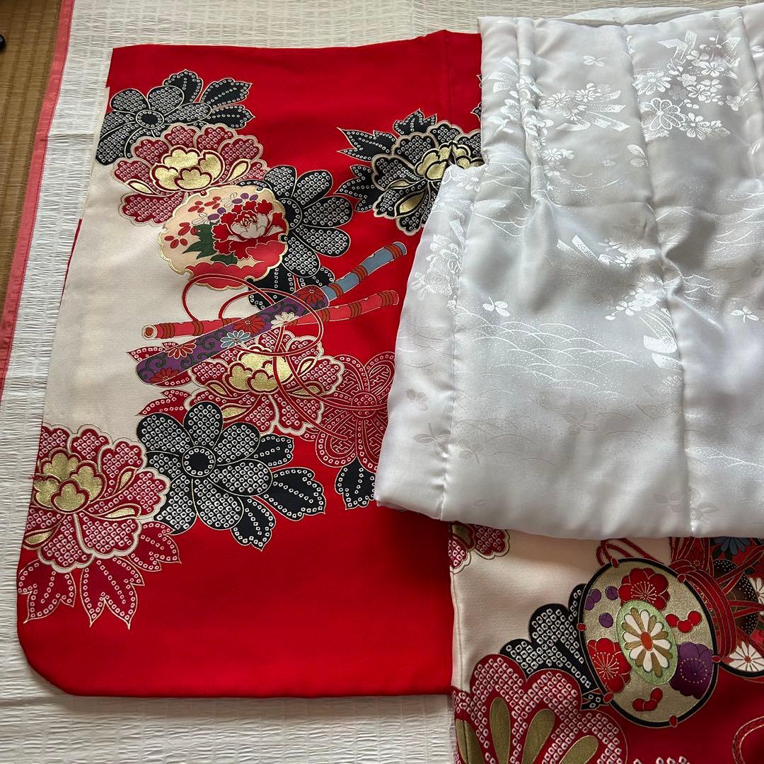 七五三 3歳 着物 753 絹 絞り柄 被布 三歳 赤 草履 金彩 女の子着物