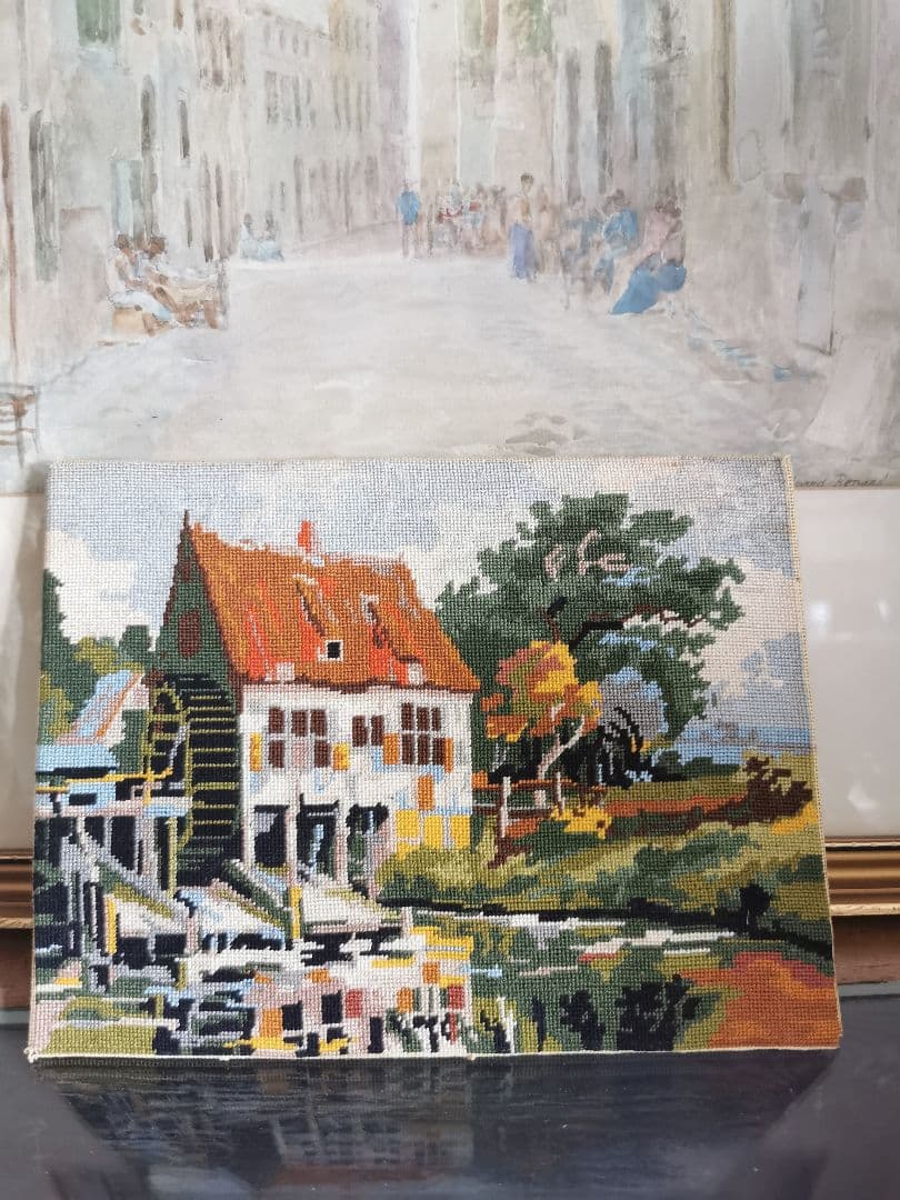 アンティーク イギリス ニードルワーク刺繍マット 水源 水と森と家と空 田園風景