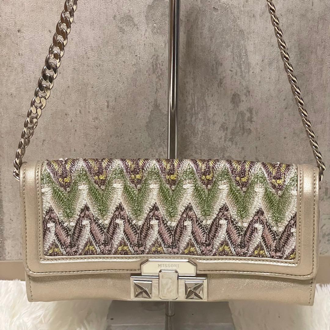 美品 ミッソーニ チェーンショルダーバッグ ジグザグ ジャガード フラップ 金色