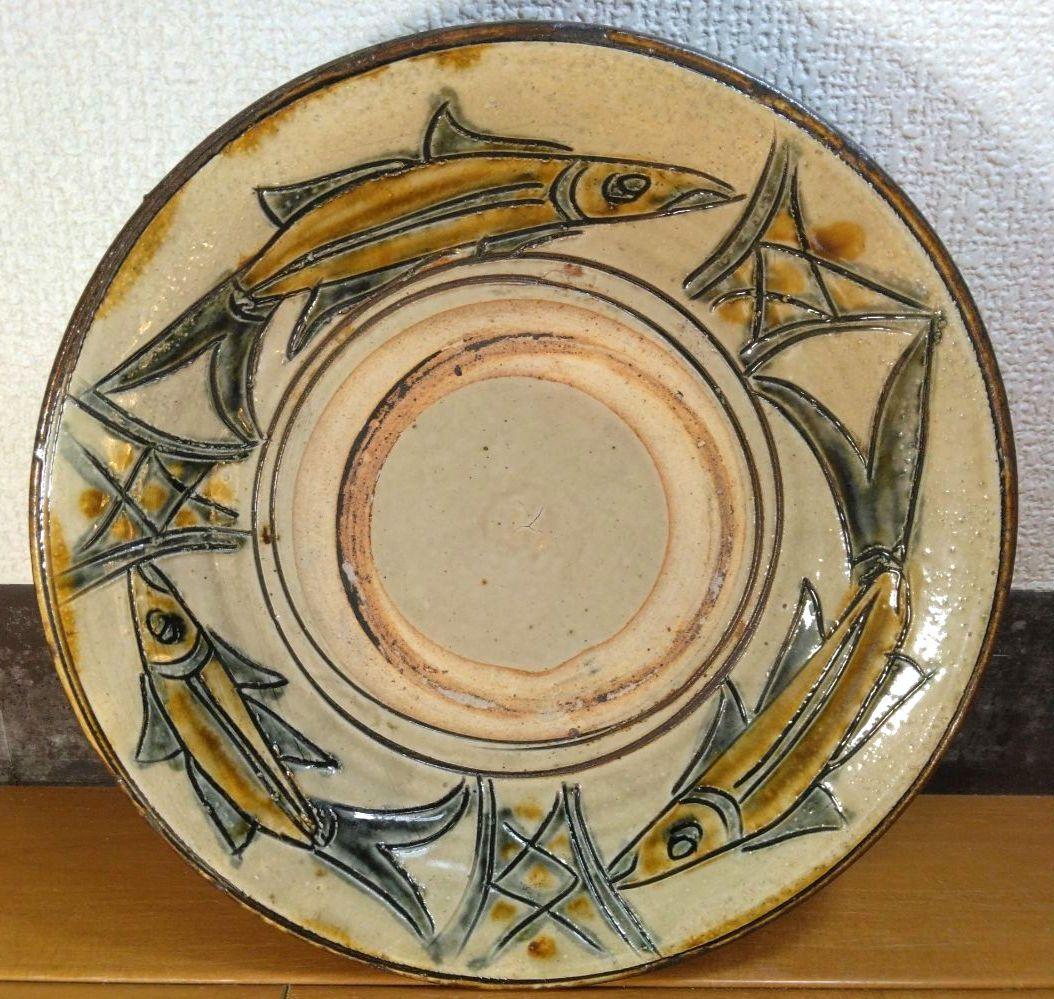 人間国宝 金城次郎 魚紋皿 栞 共箱 美品 壺屋焼 壷屋焼 やちむん 魚3井桁3