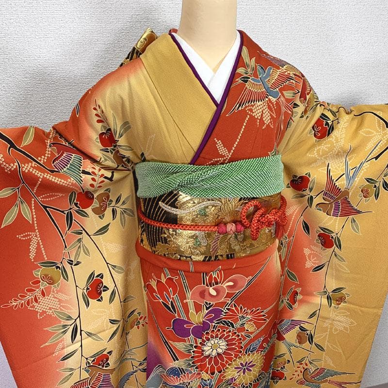 512z3〇小柄な方にも 紅型振袖 菊 橘 鳥 辛子色〇美品 成人式 結婚式