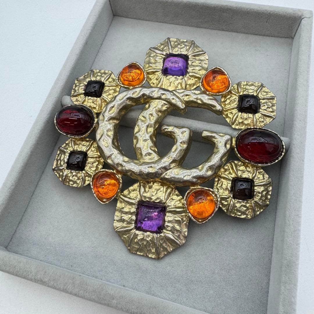 【ヴィンテージ】GUCCI ブローチ　カラーストーン　GG ゴールド　大きめ