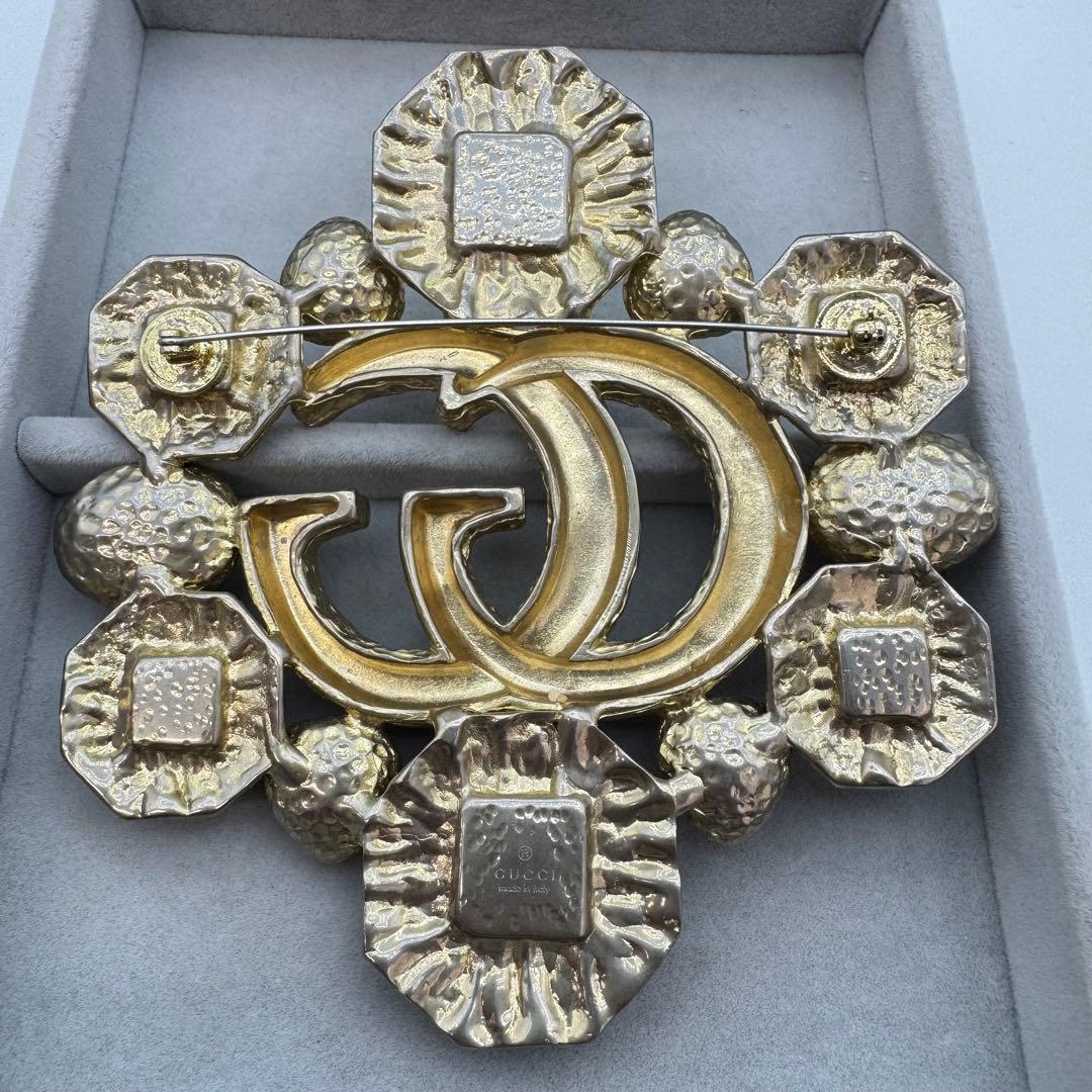 【ヴィンテージ】GUCCI ブローチ　カラーストーン　GG ゴールド　大きめ