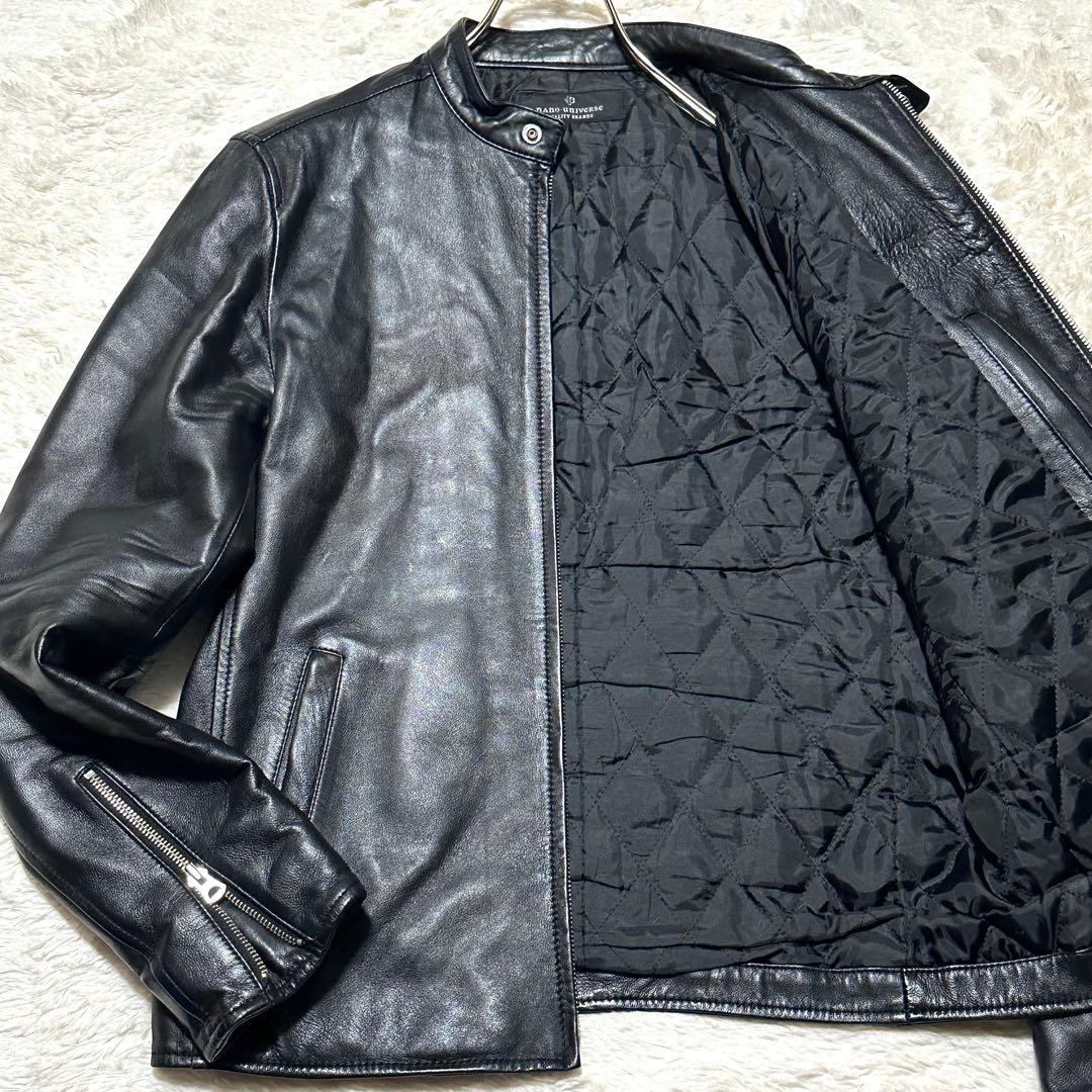 美品 希少L ナノユニバース ラムレザー シングルライダースジャケット 羊革 黒