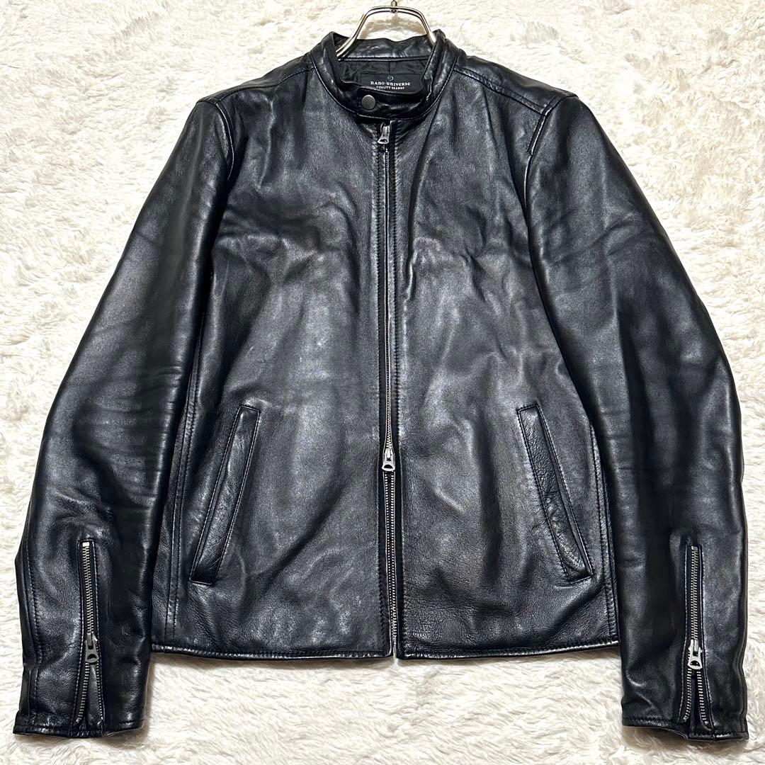 美品 希少L ナノユニバース ラムレザー シングルライダースジャケット 羊革 黒