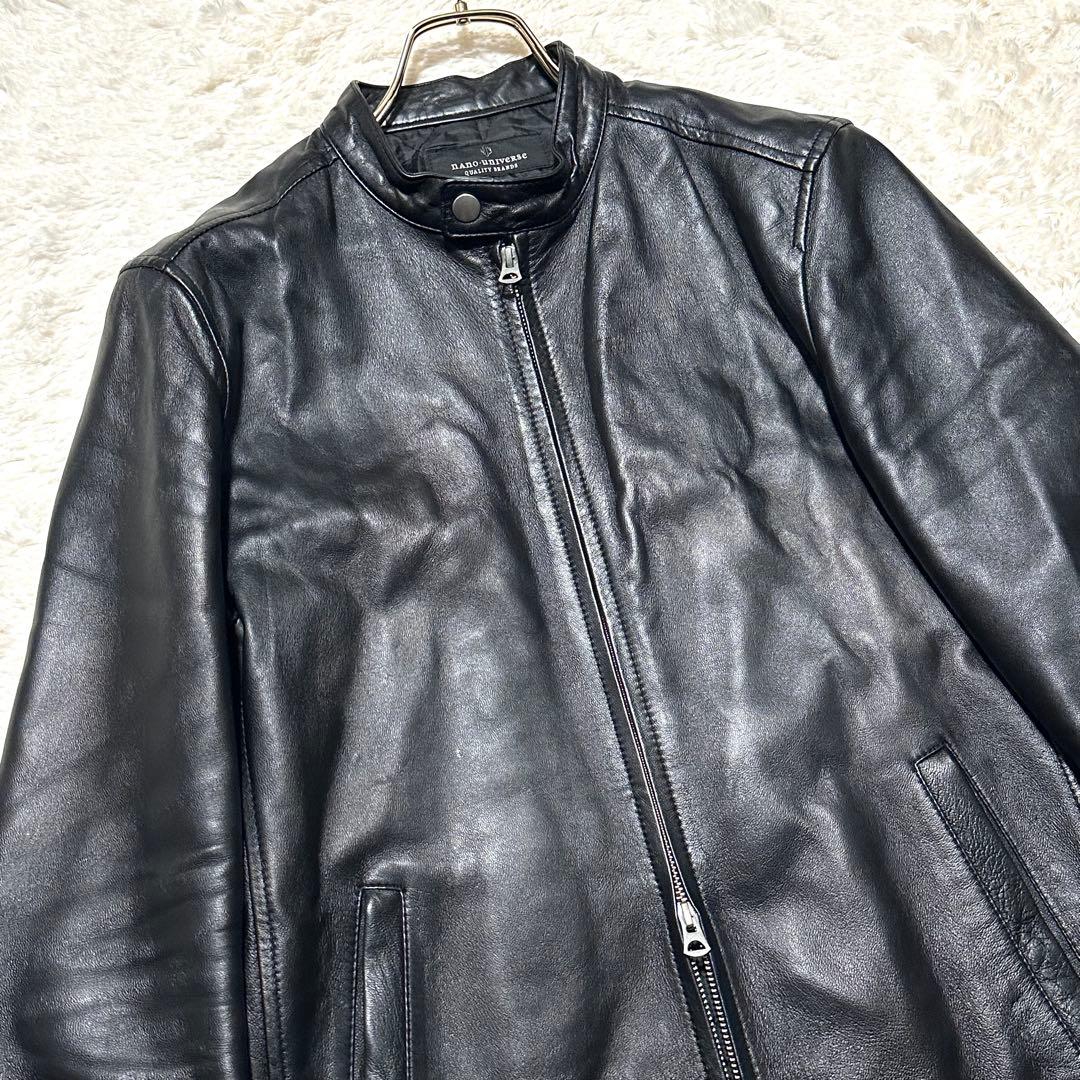 美品 希少L ナノユニバース ラムレザー シングルライダースジャケット 羊革 黒